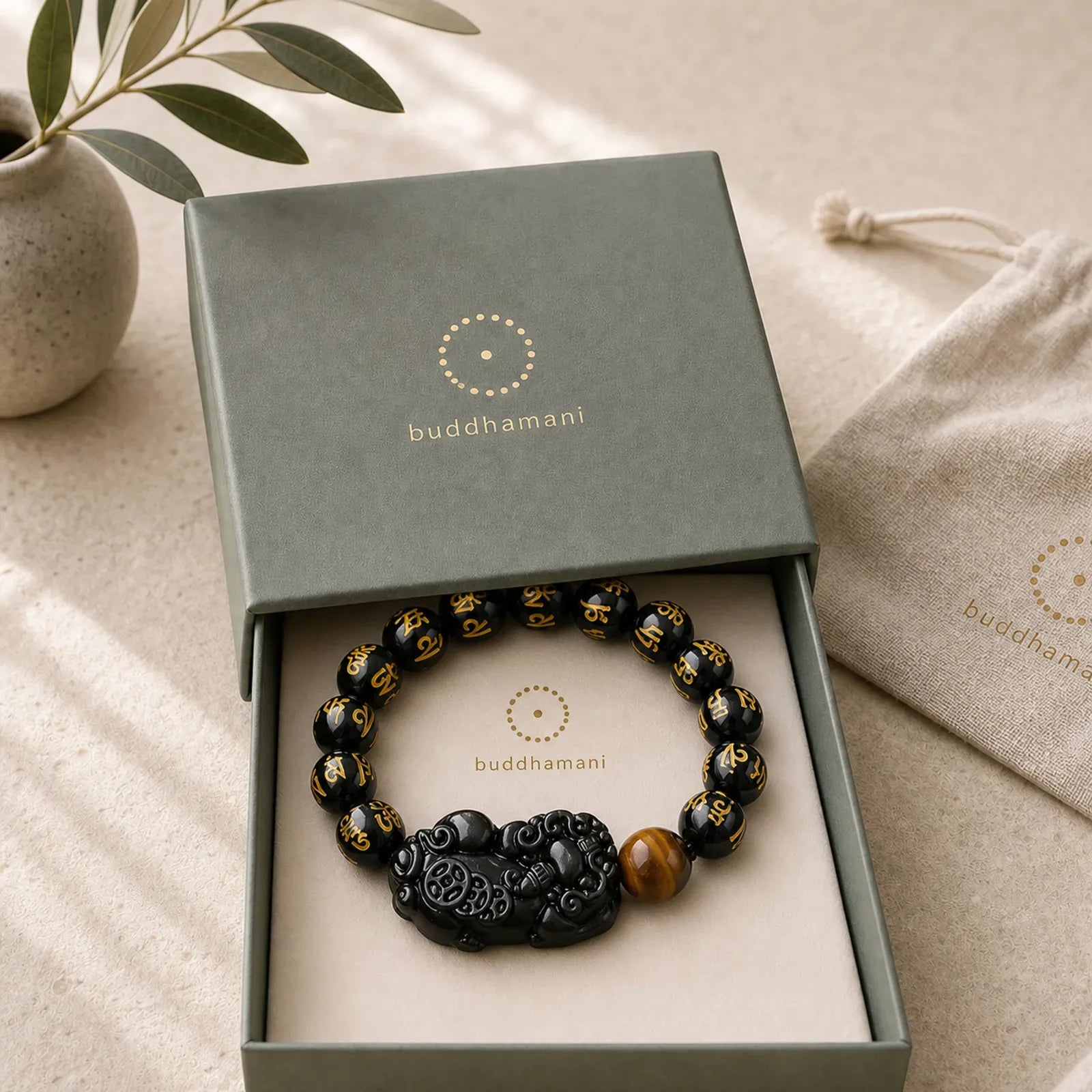 FengShui PiXiu Obsidian Wealth Bracelet featuring Pixiu, Rainbow Obsidian