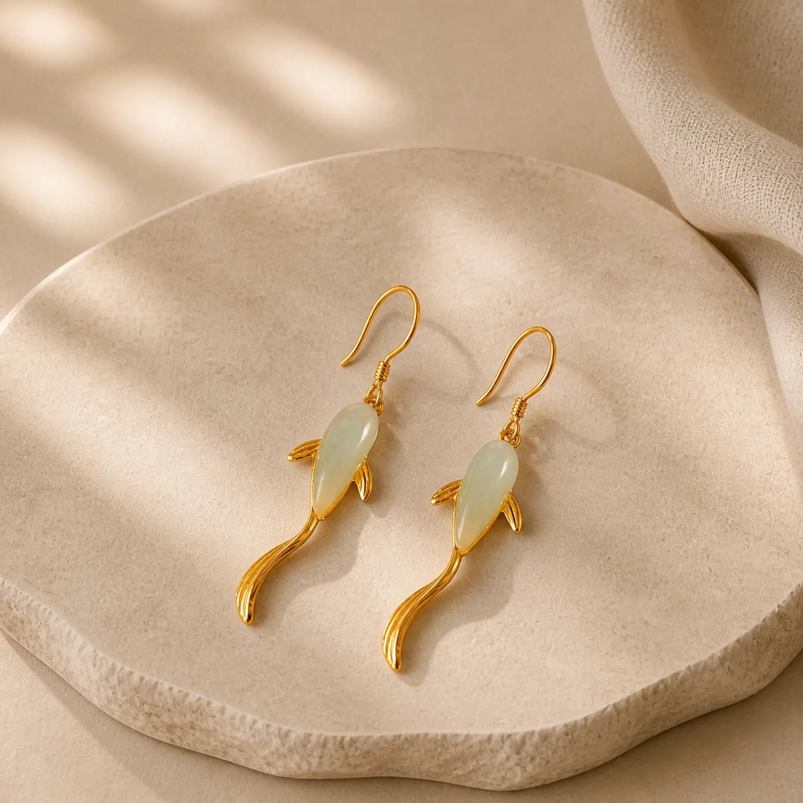 Fish Pattern Jade Luck Dangle Drop Earrings featuring Jade