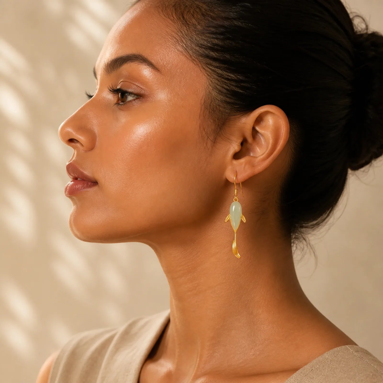 Fish Pattern Jade Luck Dangle Drop Earrings featuring Jade