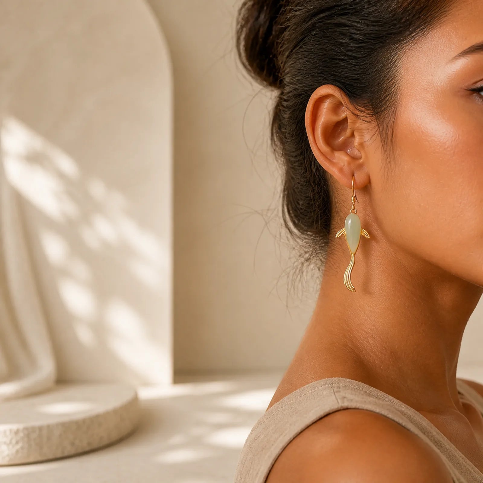 Fish Pattern Jade Luck Dangle Drop Earrings featuring Jade