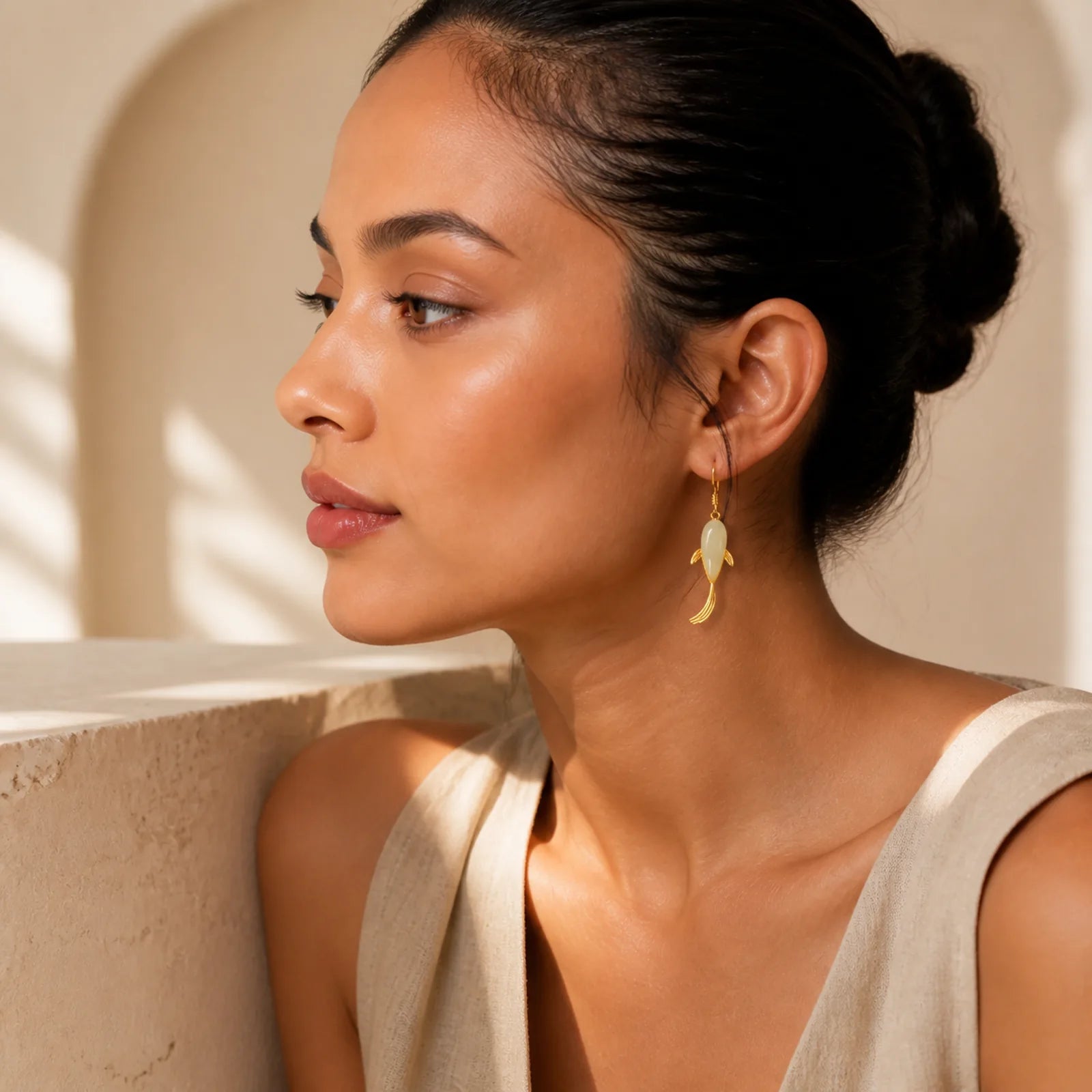 Fish Pattern Jade Luck Dangle Drop Earrings featuring Jade