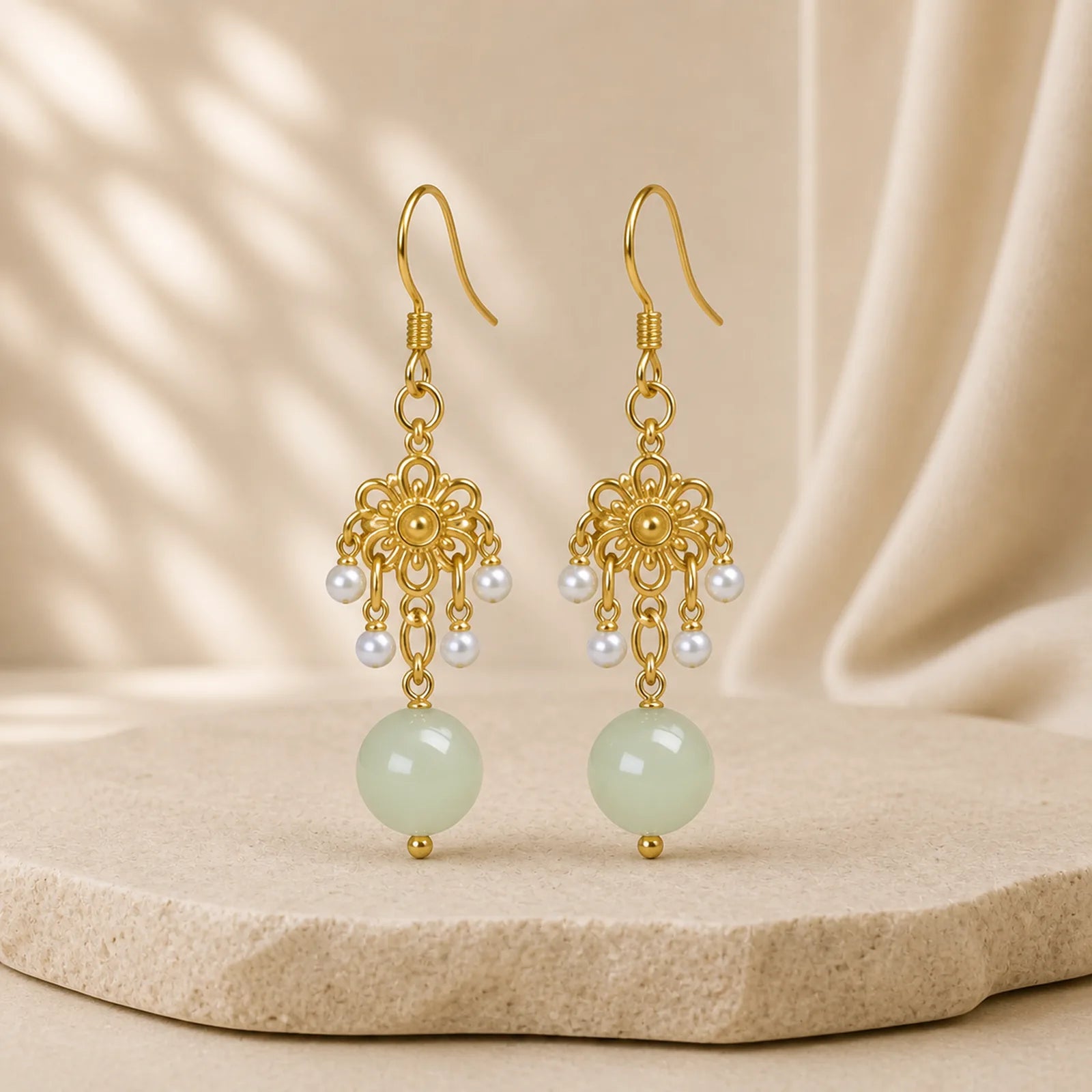 Hetian Jade Flower Pattern 14K Gold Plated Luck Drop Dangle Earrings featuring Jade