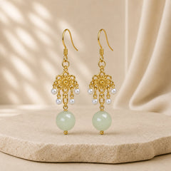 Hetian Jade Flower Pattern 14K Gold Plated Luck Drop Dangle Earrings featuring Jade