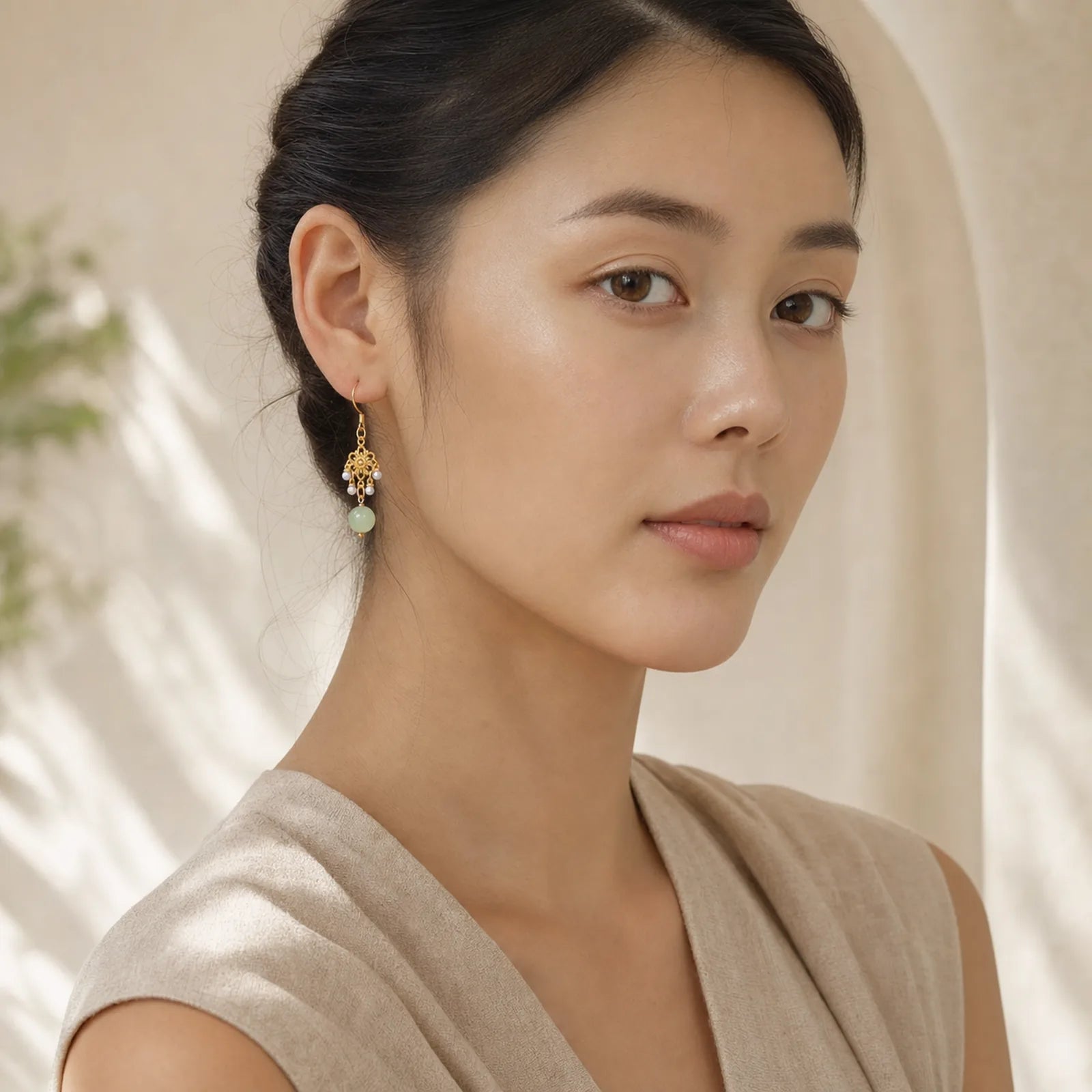 Hetian Jade Flower Pattern 14K Gold Plated Luck Drop Dangle Earrings featuring Jade