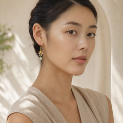 Hetian Jade Flower Pattern 14K Gold Plated Luck Drop Dangle Earrings featuring Jade