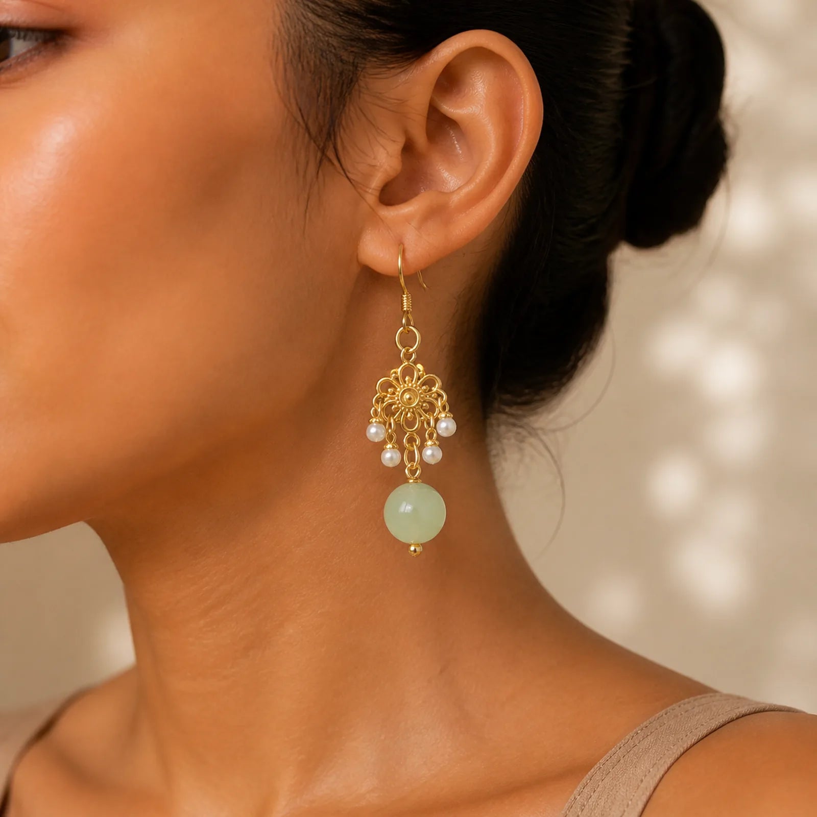 Hetian Jade Flower Pattern 14K Gold Plated Luck Drop Dangle Earrings featuring Jade