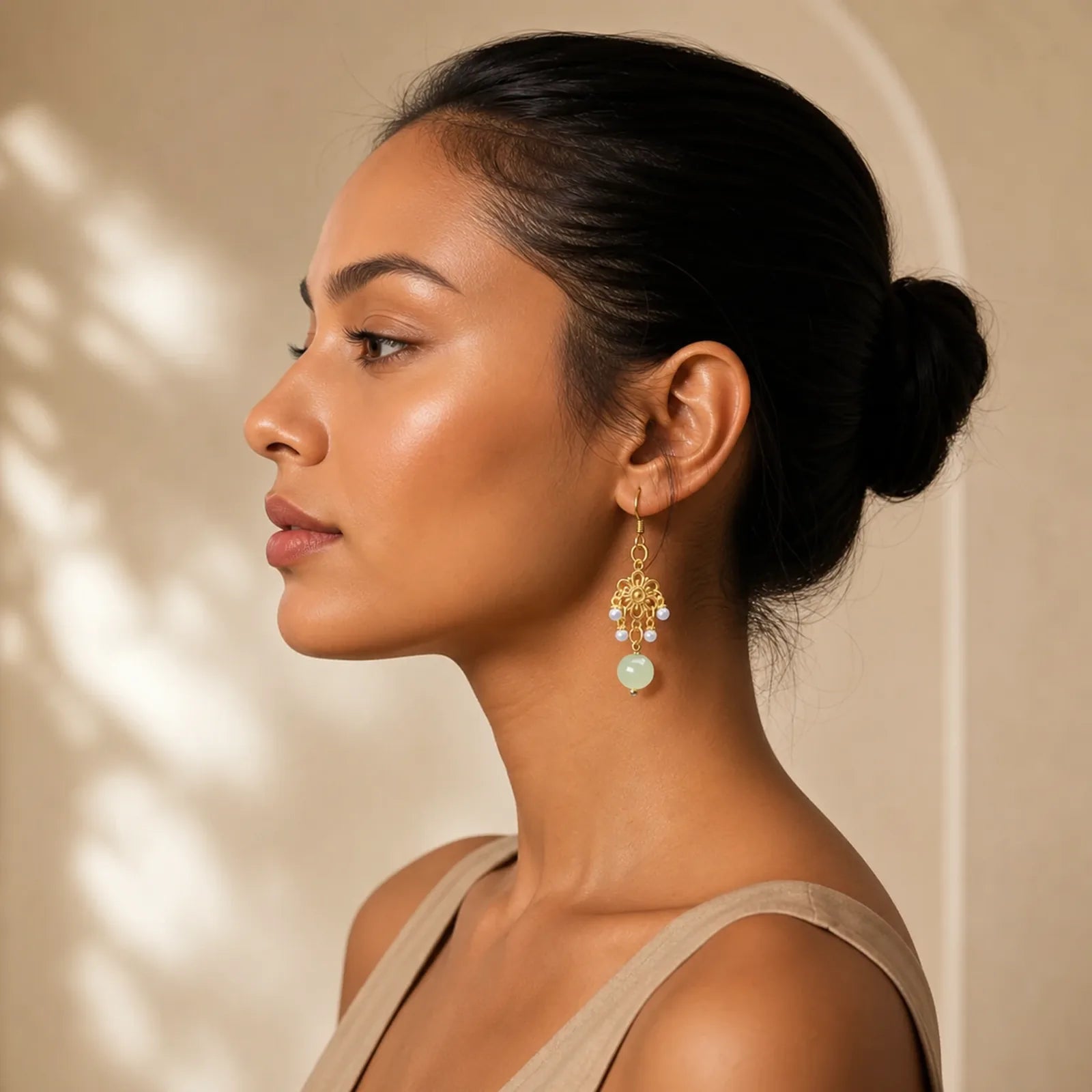 Hetian Jade Flower Pattern 14K Gold Plated Luck Drop Dangle Earrings featuring Jade