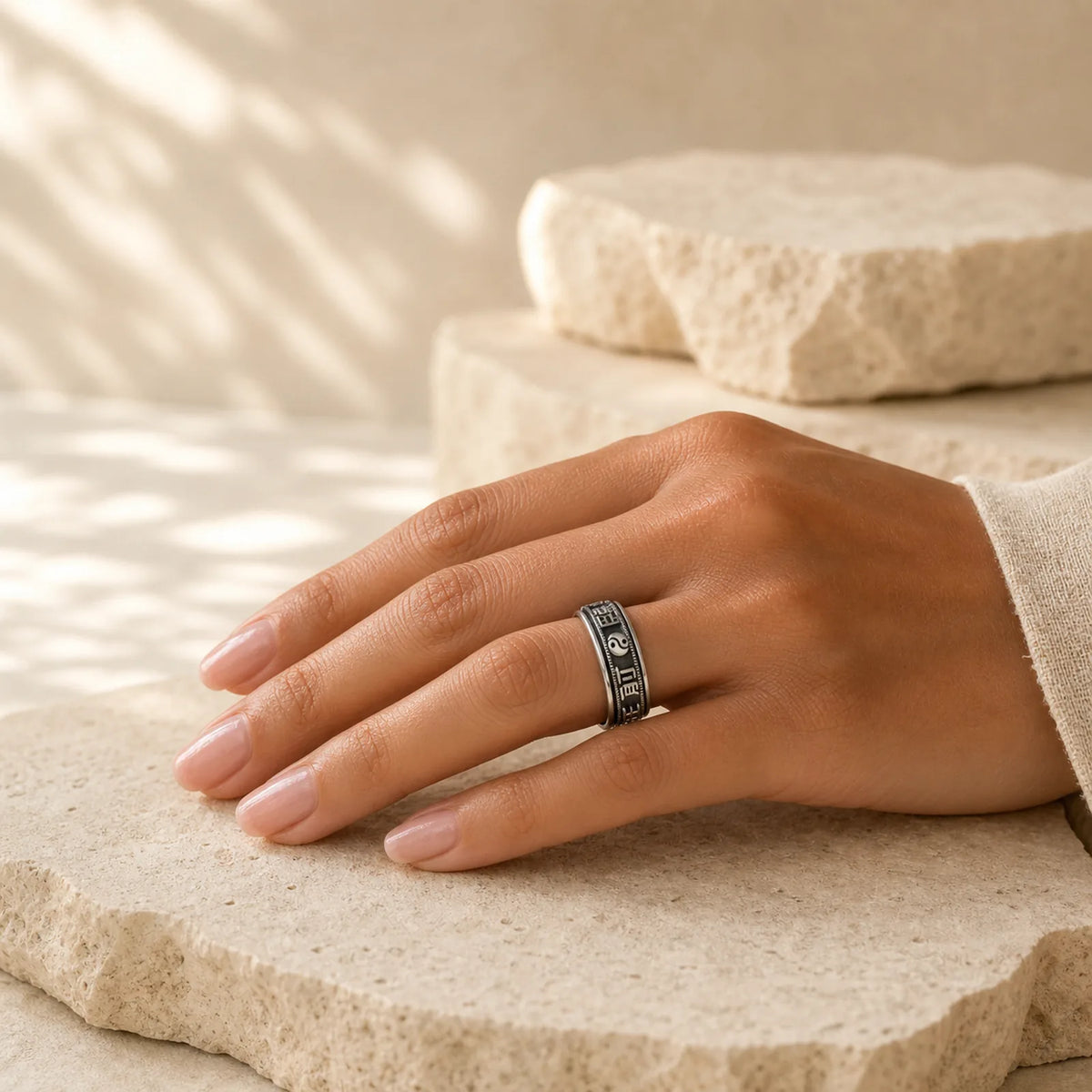 Letter Words Balance Calm Titanium Steel Rotatable Ring featuring Titanium Steel