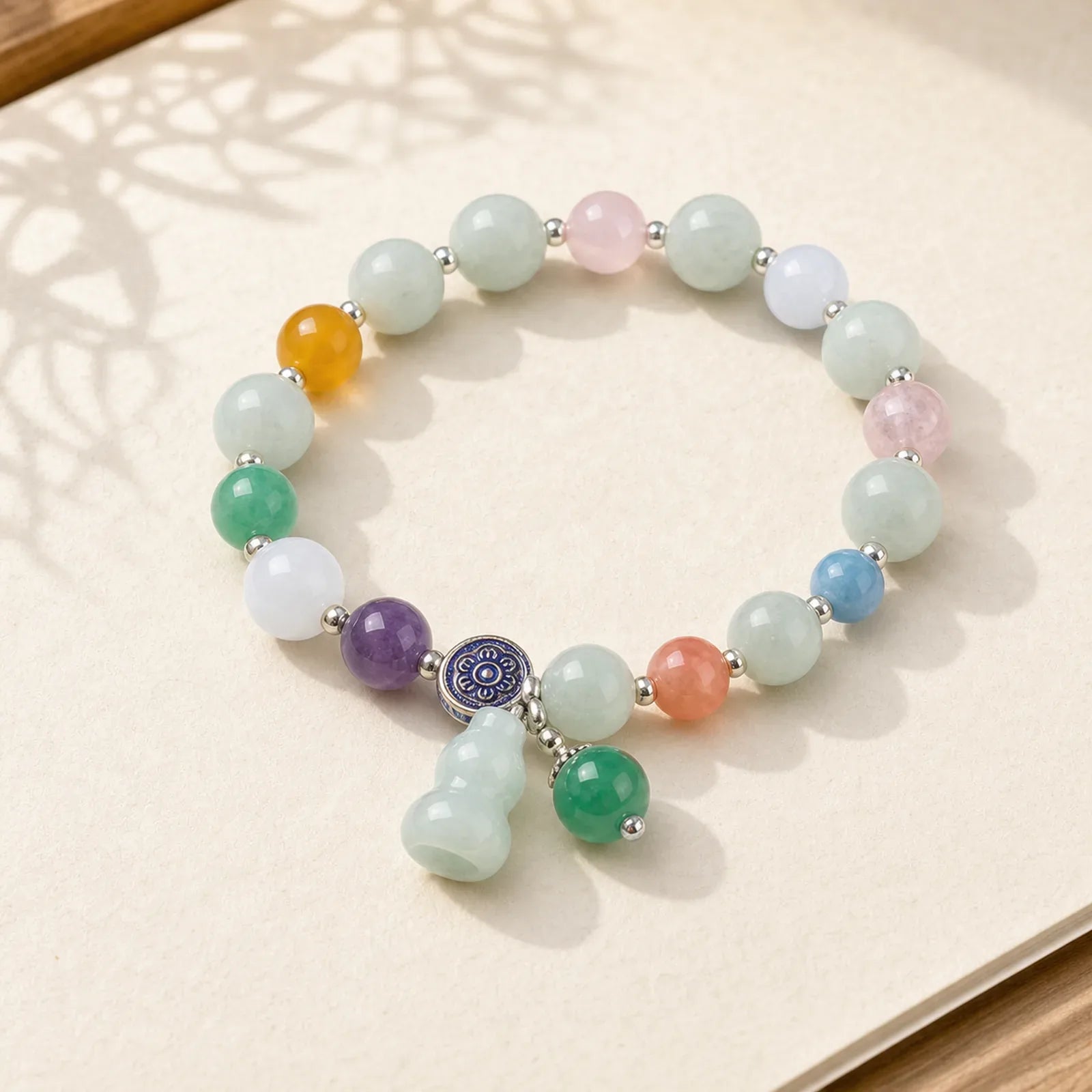 Lucky Bracelet Gourd Jade Bracelet featuring Jade, Pink Crystal, Amethyst