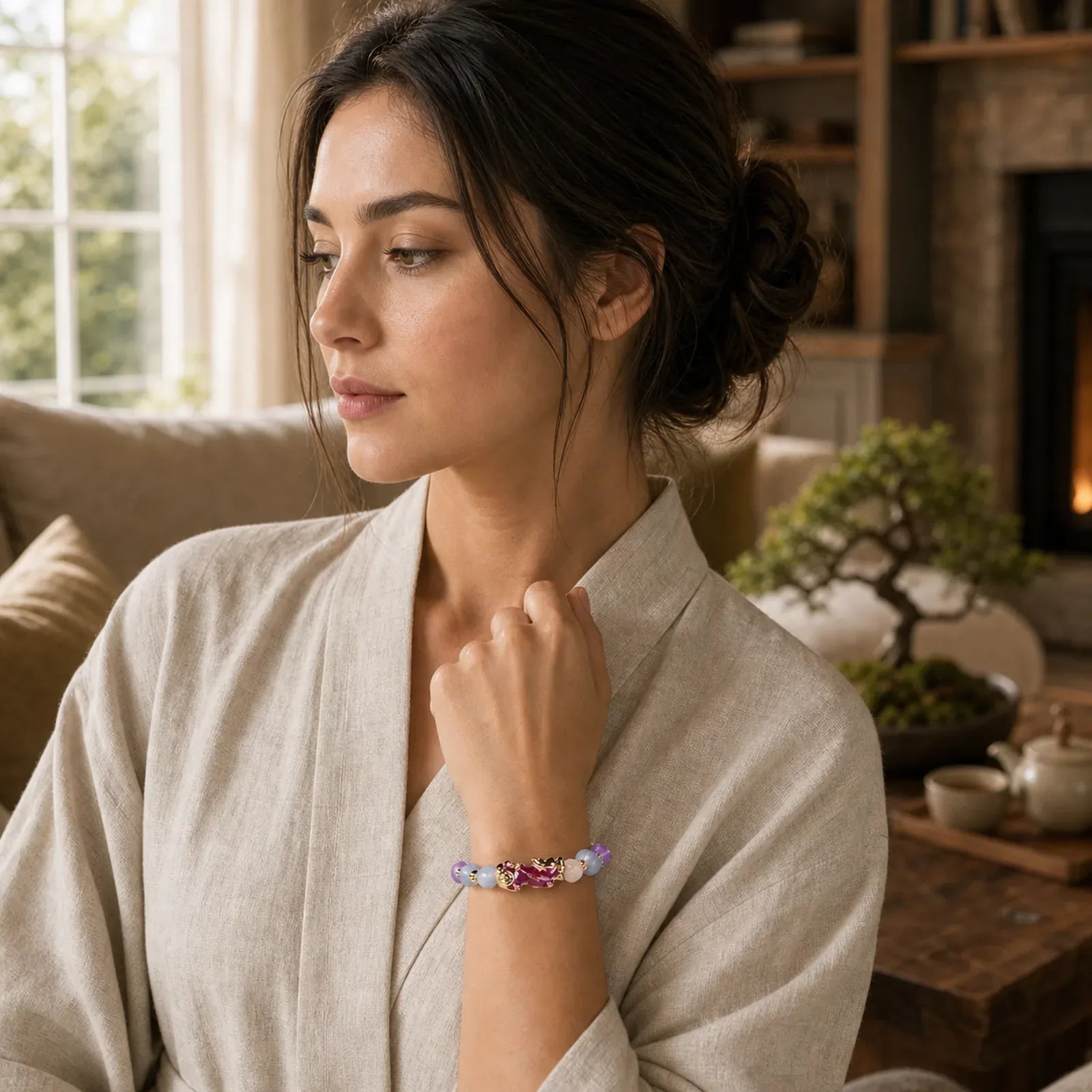 Natural Amethyst Fortune Pixiu Charm Bracelet featuring Amethyst, Pixiu