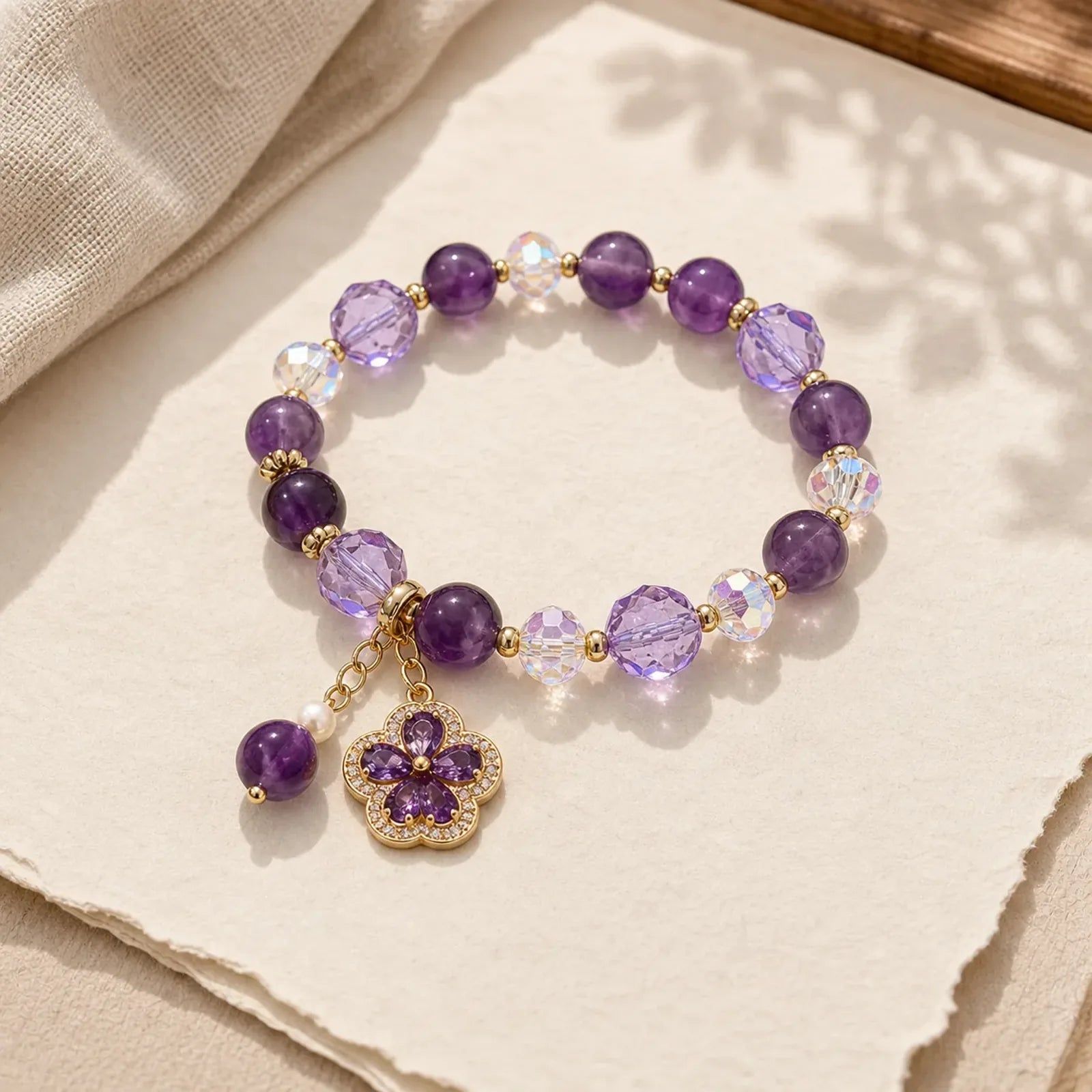 Natural Amethyst Pearl Flower Charm Positive Transformation Bracelet featuring Amethyst, Pearl