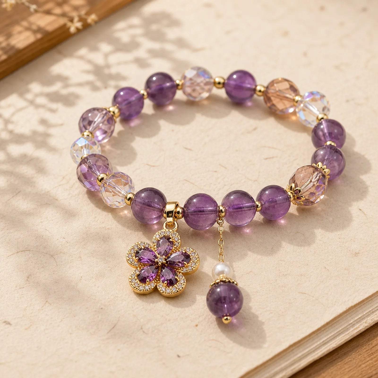 Natural Amethyst Pearl Flower Charm Positive Transformation Bracelet featuring Amethyst, Pearl