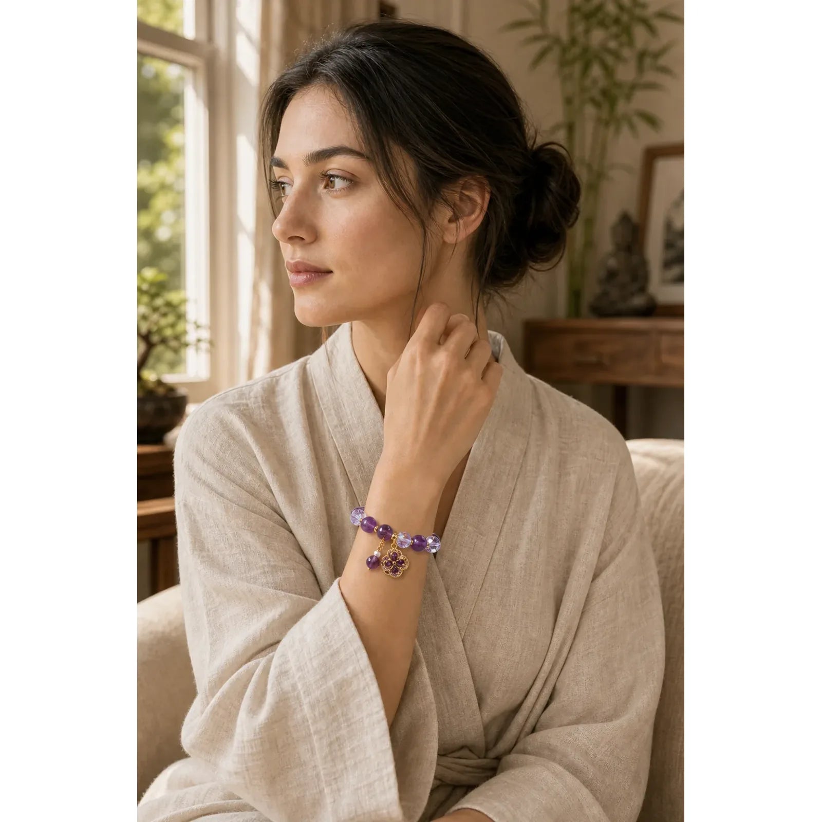 Natural Amethyst Pearl Flower Charm Positive Transformation Bracelet featuring Amethyst, Pearl