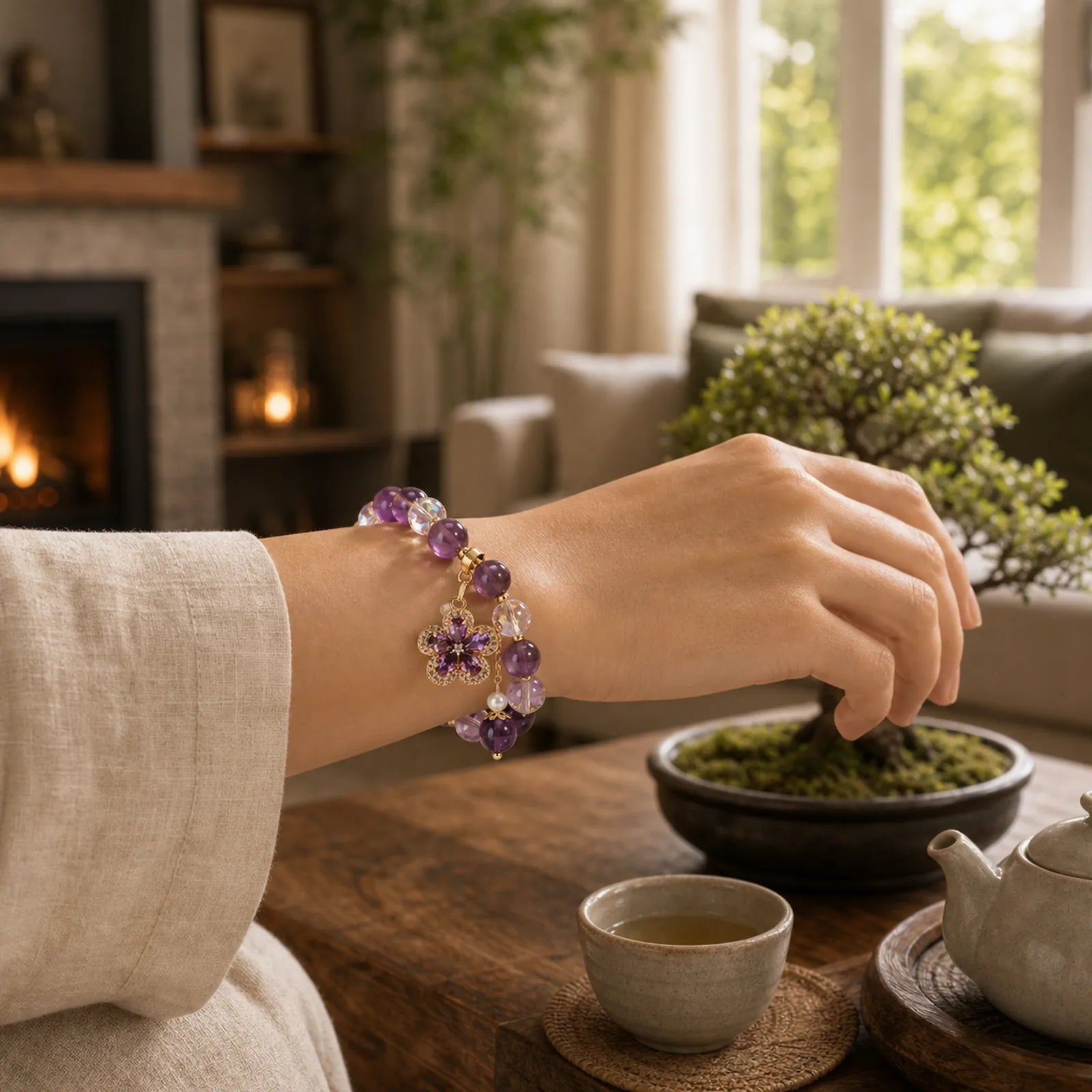 Natural Amethyst Pearl Flower Charm Positive Transformation Bracelet featuring Amethyst, Pearl
