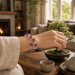 Natural Amethyst Pearl Flower Charm Positive Transformation Bracelet featuring Amethyst, Pearl