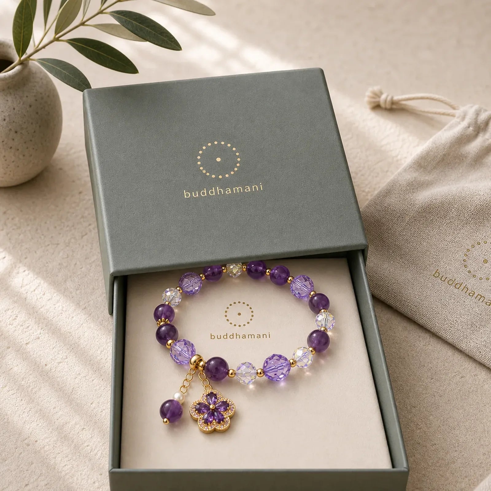 Natural Amethyst Pearl Flower Charm Positive Transformation Bracelet featuring Amethyst, Pearl