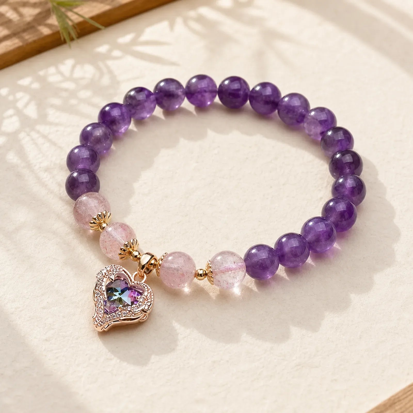 Natural Amethyst Strawberry Quartz Crystal Fortune Bracelet featuring Amethyst, Strawberry Quartz