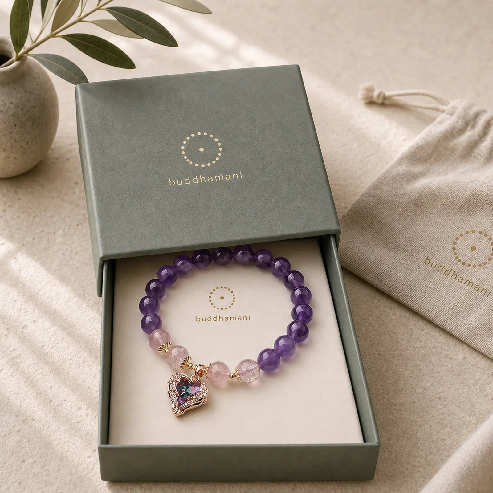 Natural Amethyst Strawberry Quartz Crystal Fortune Bracelet featuring Amethyst, Strawberry Quartz