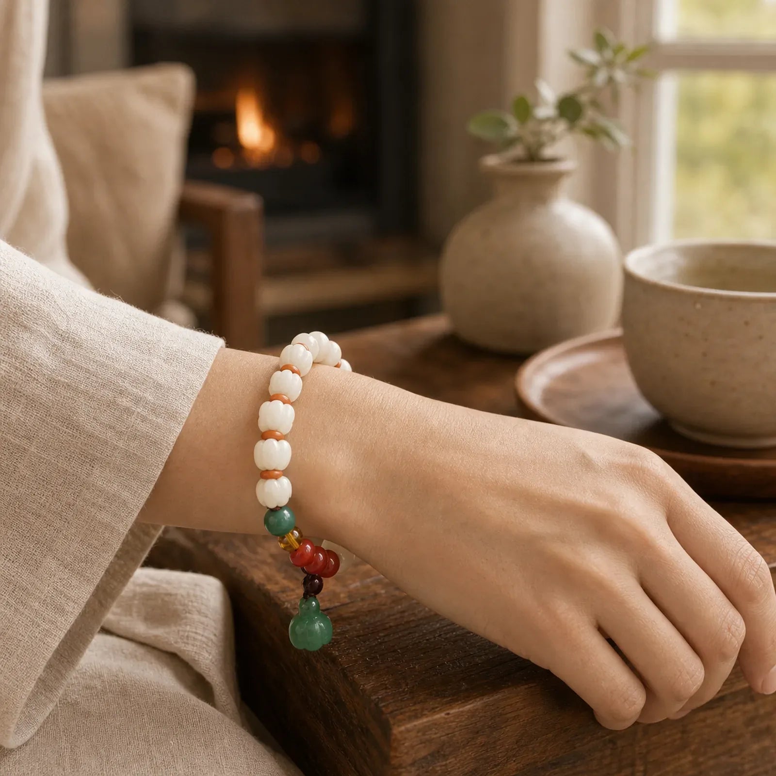 Natural Bodhi Seed Agate Bodhi Harmony Bracelet featuring Bodhi Seed, Jade, Red Agate