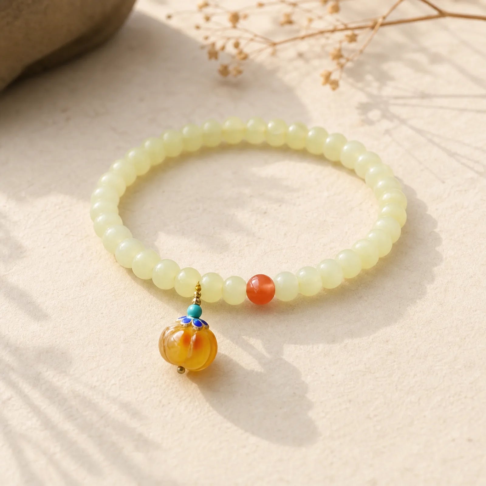 Natural Hetian Jade Pumpkin Amber Red Agate Crystal Prosperity Bracelet featuring Jade, Amber, Red Agate
