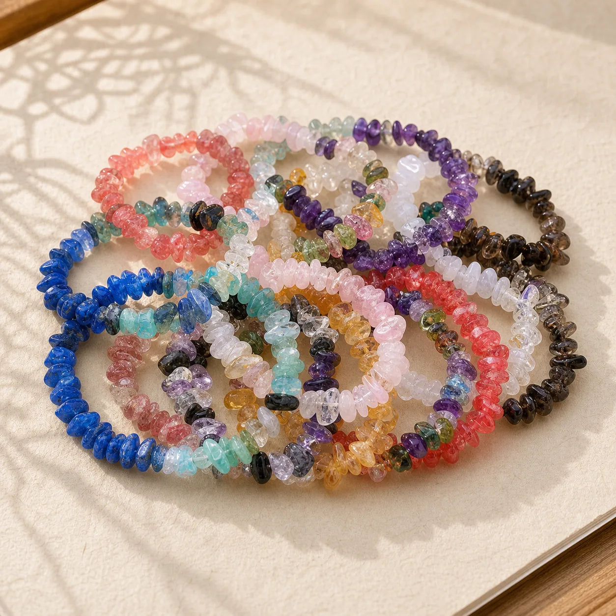 Natural Irregular Shape Crystal Stone Warmth Soothing Bracelet featuring Pink Crystal, Clear Quartz / White Crystal, Strawberry Quartz