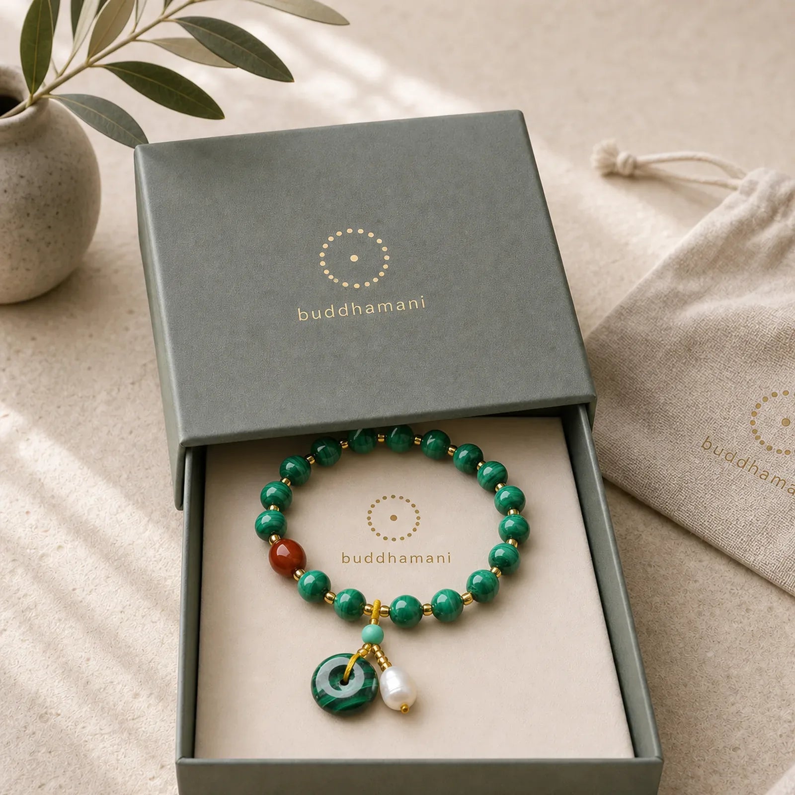 Natural Malachite Red Agate Bead Protection Charm Bracelet featuring Malachite, Red Agate