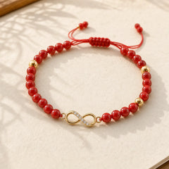 Natural Red Agate Endless Knot Four Leaf Clover Star Confidence String Bracelet featuring Red Agate, Cinnabar