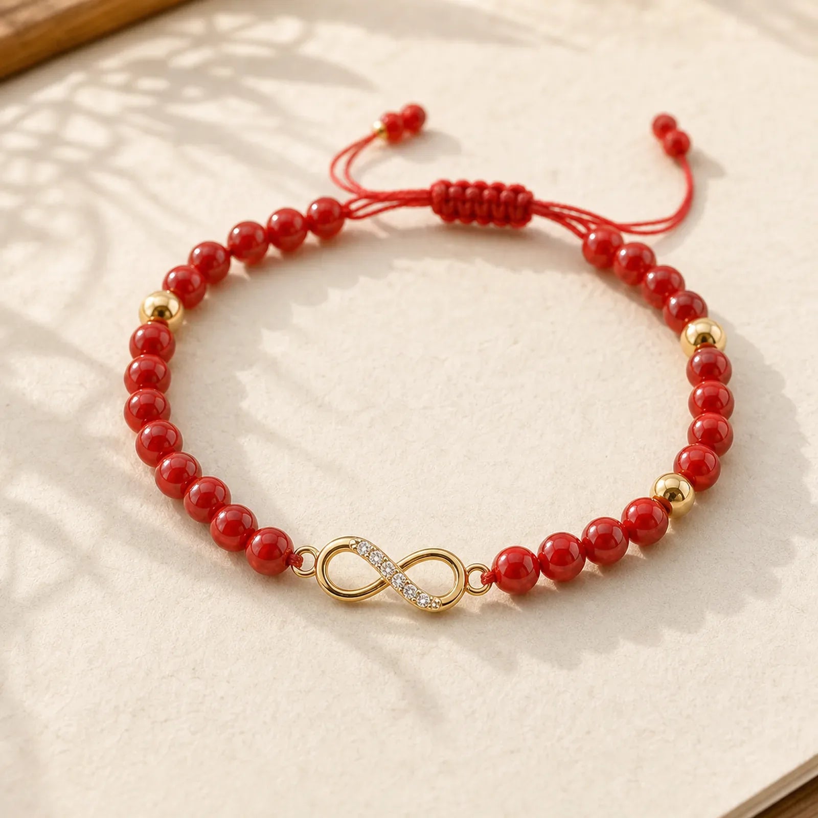Natural Red Agate Endless Knot Four Leaf Clover Star Confidence String Bracelet featuring Red Agate, Cinnabar