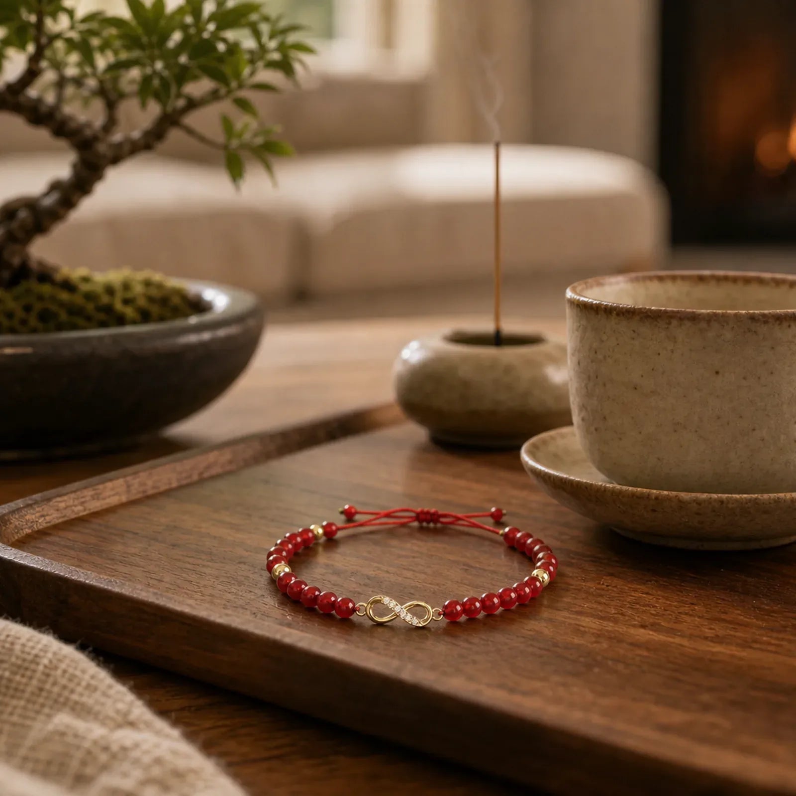 Natural Red Agate Endless Knot Four Leaf Clover Star Confidence String Bracelet featuring Red Agate, Cinnabar