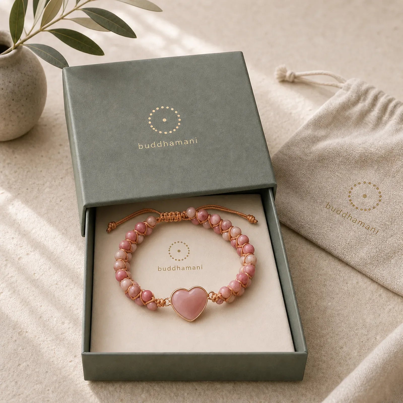 Natural Rhodonite Love Heart Healing Bracelet featuring Rhodonite