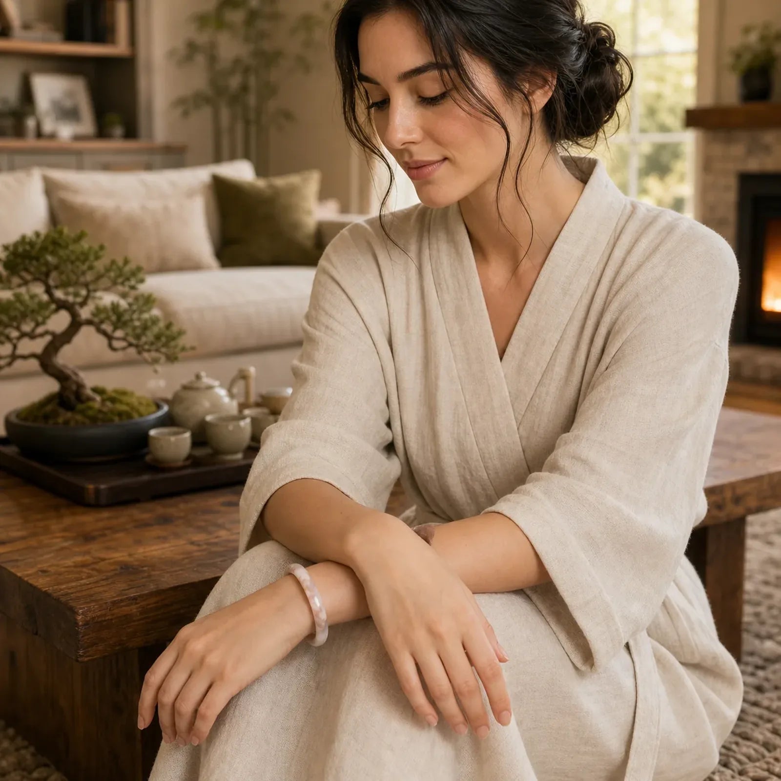 Woman wearing a pink jade bracelet, seated in cozy living room with bonsai and tea set