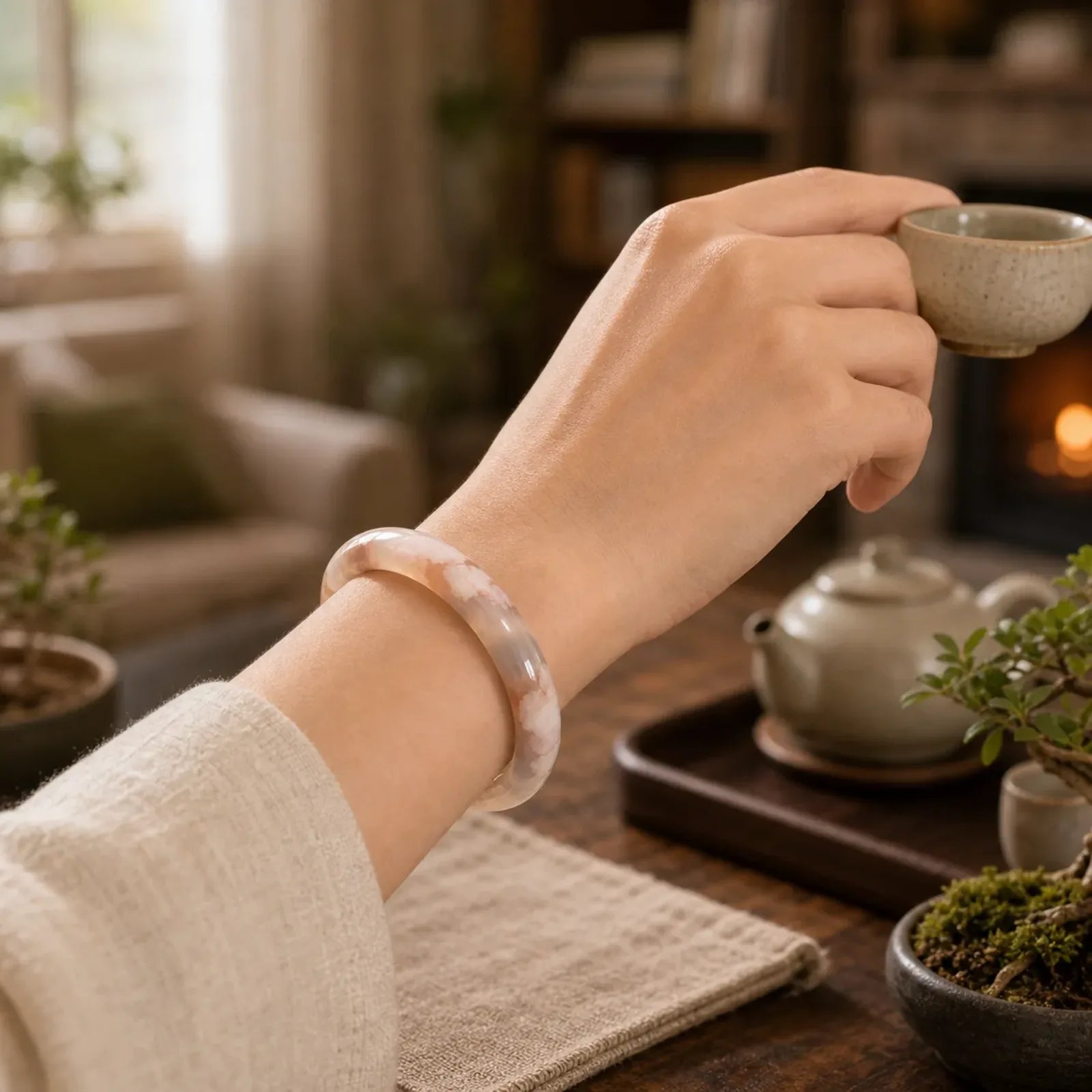 Natural Sakura Agate Peace Bracelet Bangle featuring Sakura Agate