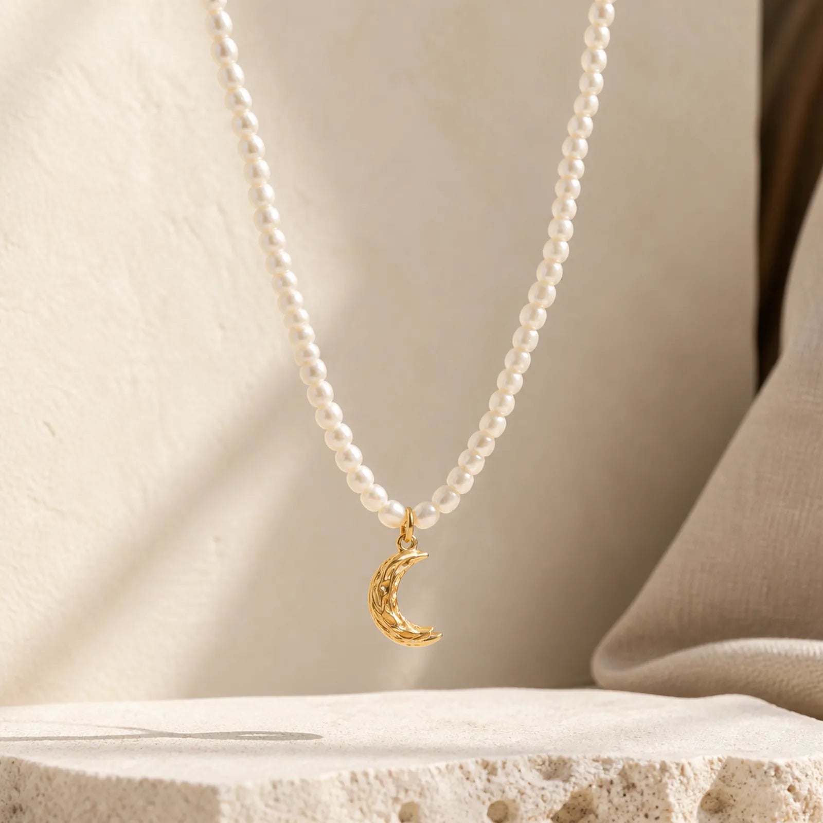 Pearl Crescent Moon Calm Necklace Pendant (Extra 35% Off | USE CODE: FS35) featuring Pearl, Titanium Steel
