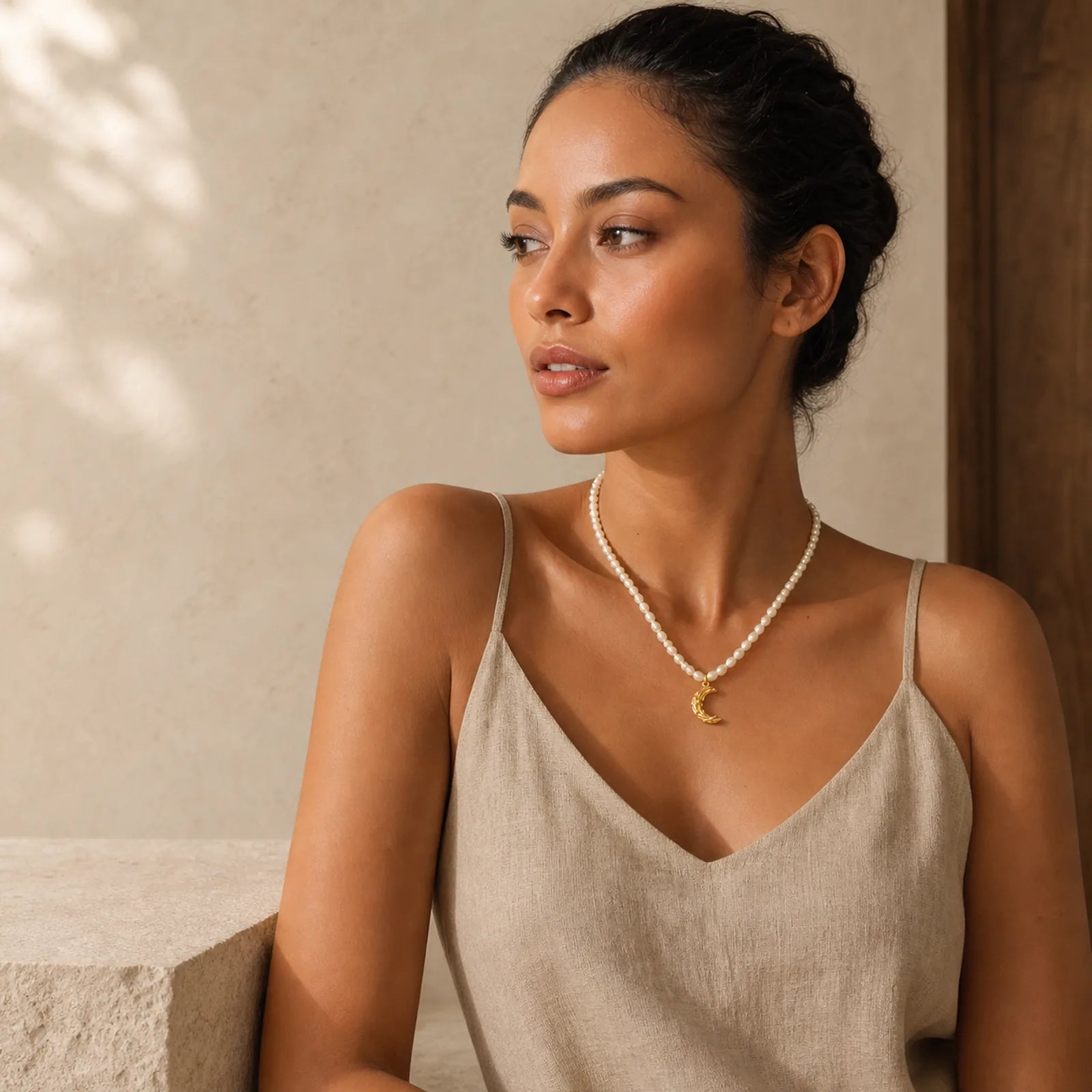 Pearl Crescent Moon Calm Necklace Pendant (Extra 35% Off | USE CODE: FS35) featuring Pearl, Titanium Steel