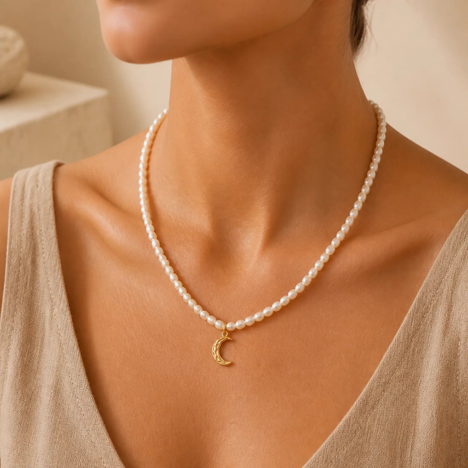 Pearl Crescent Moon Calm Necklace Pendant (Extra 35% Off | USE CODE: FS35) featuring Pearl, Titanium Steel