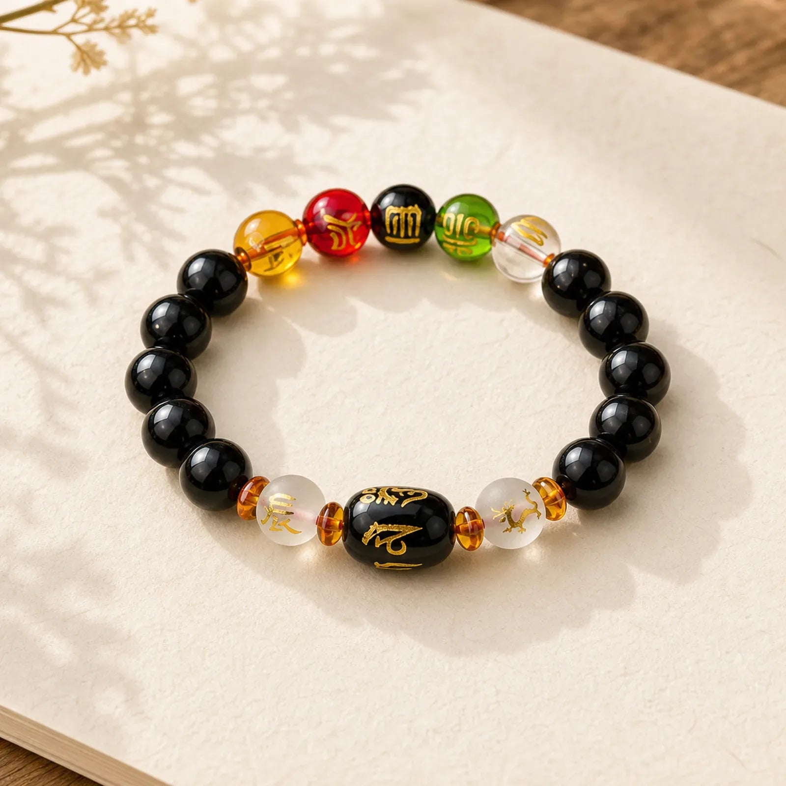 Tibetan Black Onyx Luck Bracelet featuring Black Onyx, Om, Six True Words (Om Mani Padme Hum)