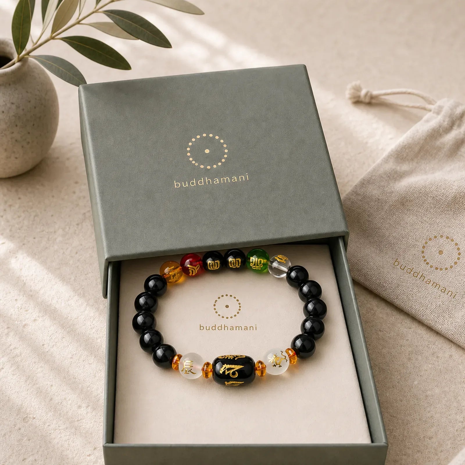 Tibetan Black Onyx Luck Bracelet featuring Black Onyx, Om, Six True Words (Om Mani Padme Hum)