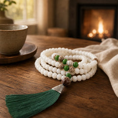 White Bodhi Seed Mala 108 Beads Protection Bracelet featuring Bodhi Seed, Jade