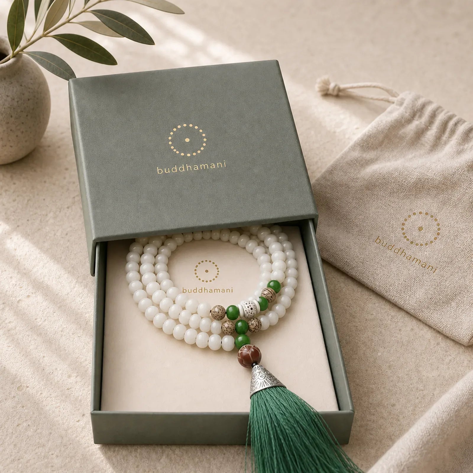 White Bodhi Seed Mala 108 Beads Protection Bracelet featuring Bodhi Seed, Jade