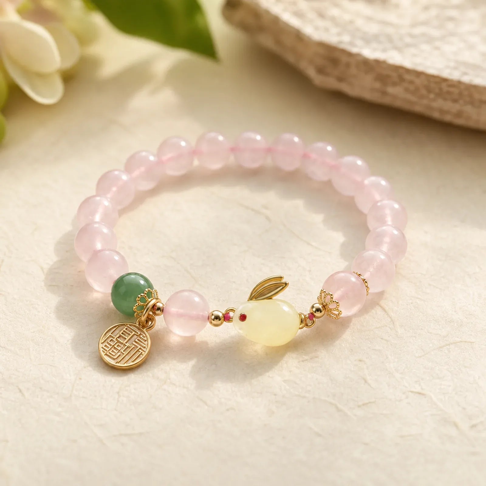 Year of the Rabbit Natural Pink Crystal Green Agate Bunny Love Happiness Bracelet featuring Pink Crystal, Green Agate, Jade