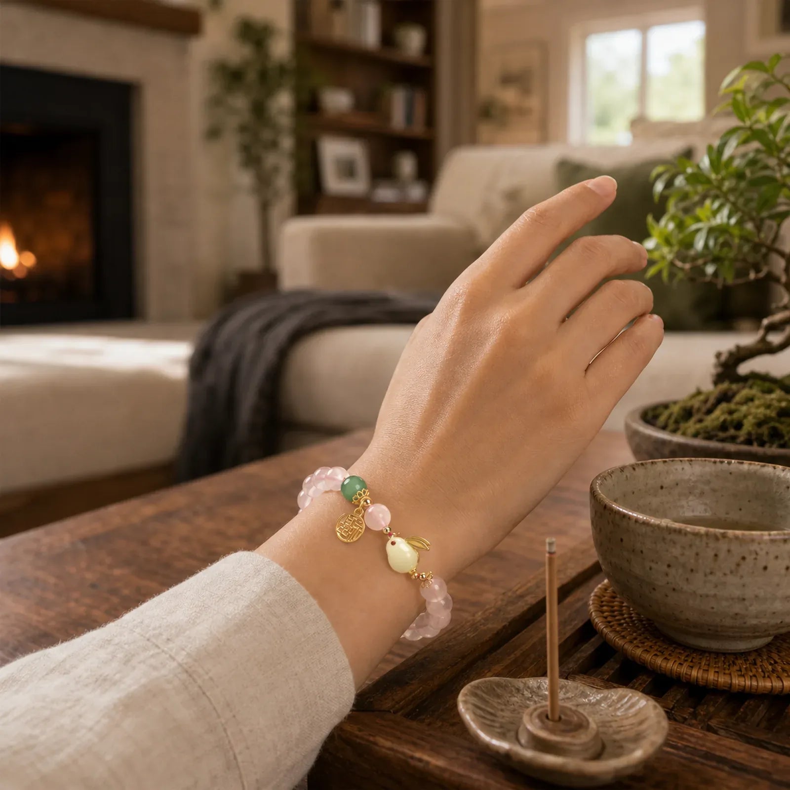 Year of the Rabbit Natural Pink Crystal Green Agate Bunny Love Happiness Bracelet featuring Pink Crystal, Green Agate, Jade