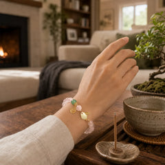 Year of the Rabbit Natural Pink Crystal Green Agate Bunny Love Happiness Bracelet featuring Pink Crystal, Green Agate, Jade