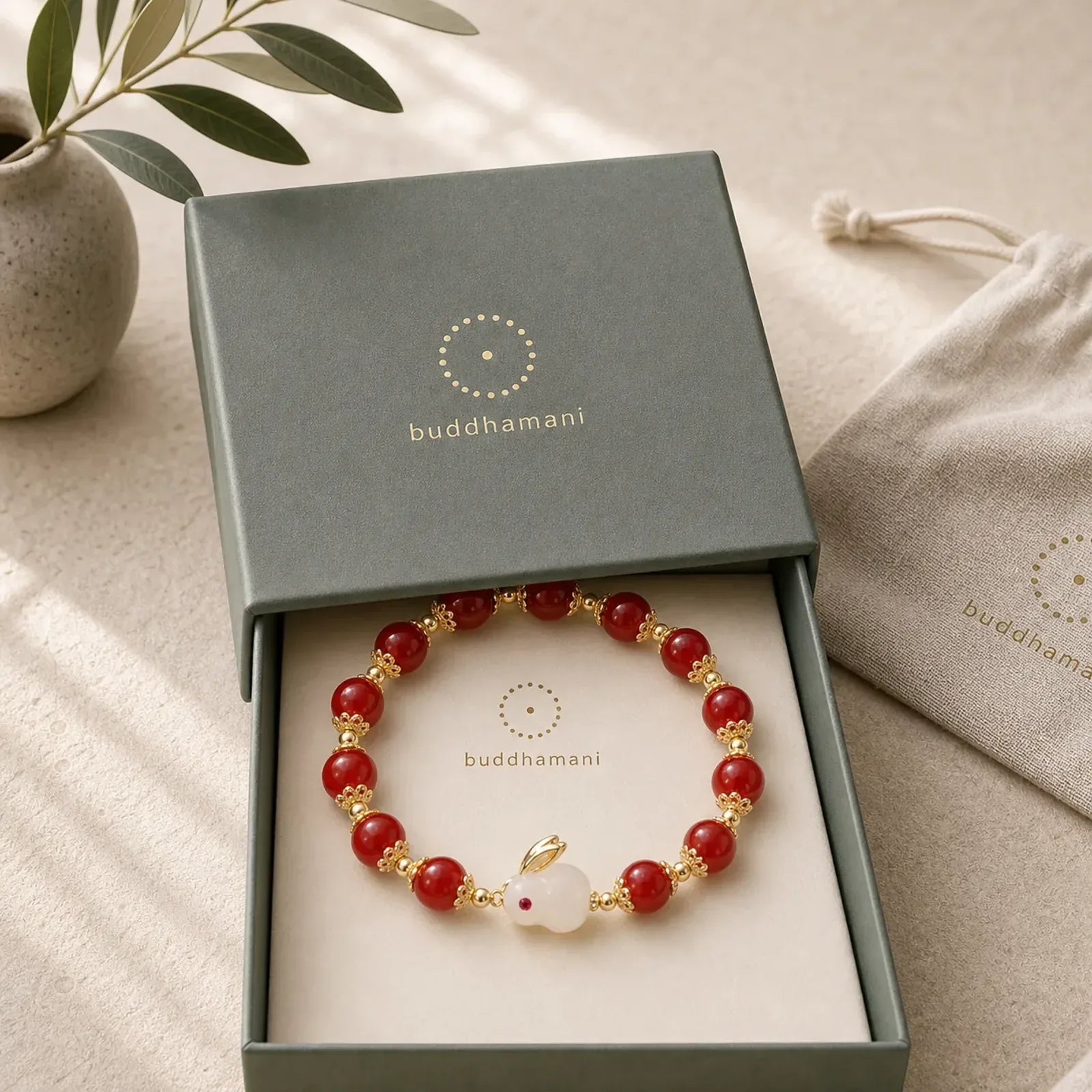 Year of the Rabbit Natural Red Agate White Jade Confidence Bracelet featuring Red Agate, White Jade, Jade