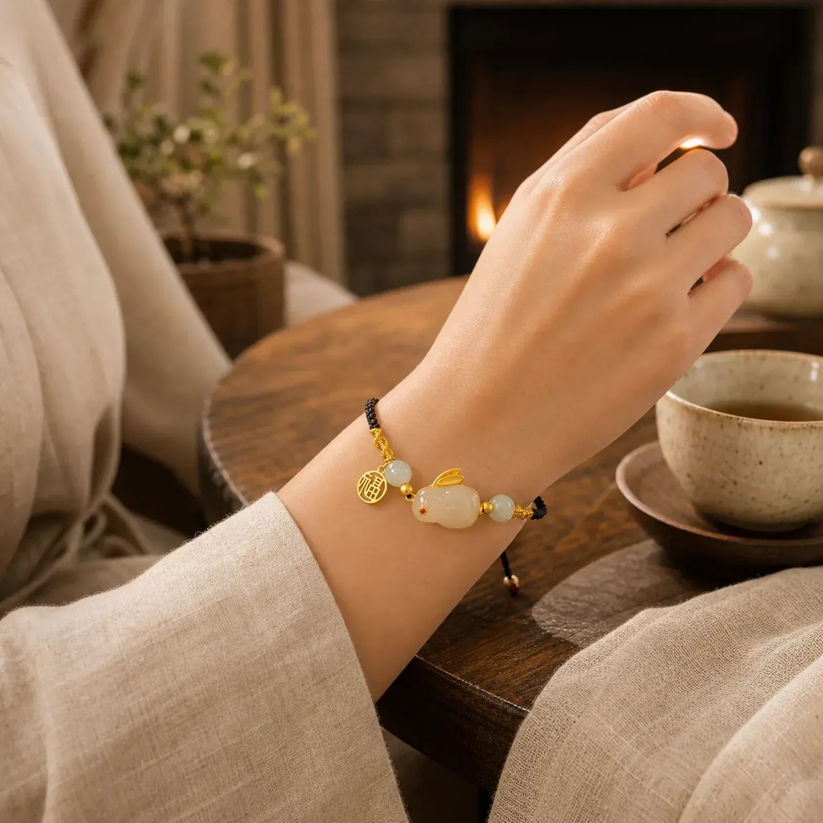 Year of the Rabbit Red Agate Jade Bunny Confidence String Bracelet featuring Red Agate, Jade, Evil Eye