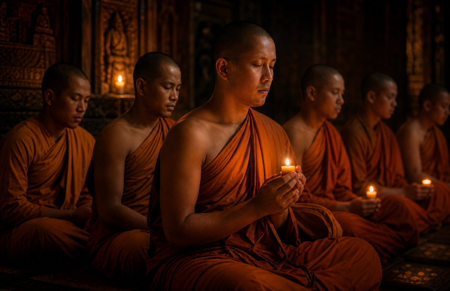 Buddhist monks taking part in a candlelit blessing ceremony