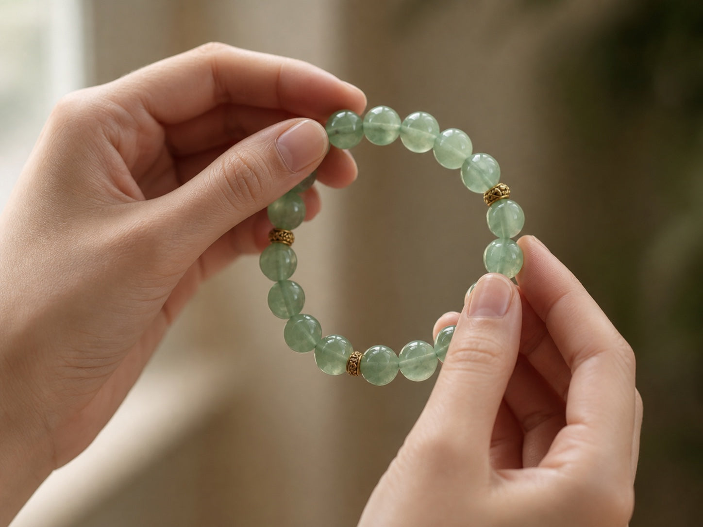 Green gemstone bracelet held in hand