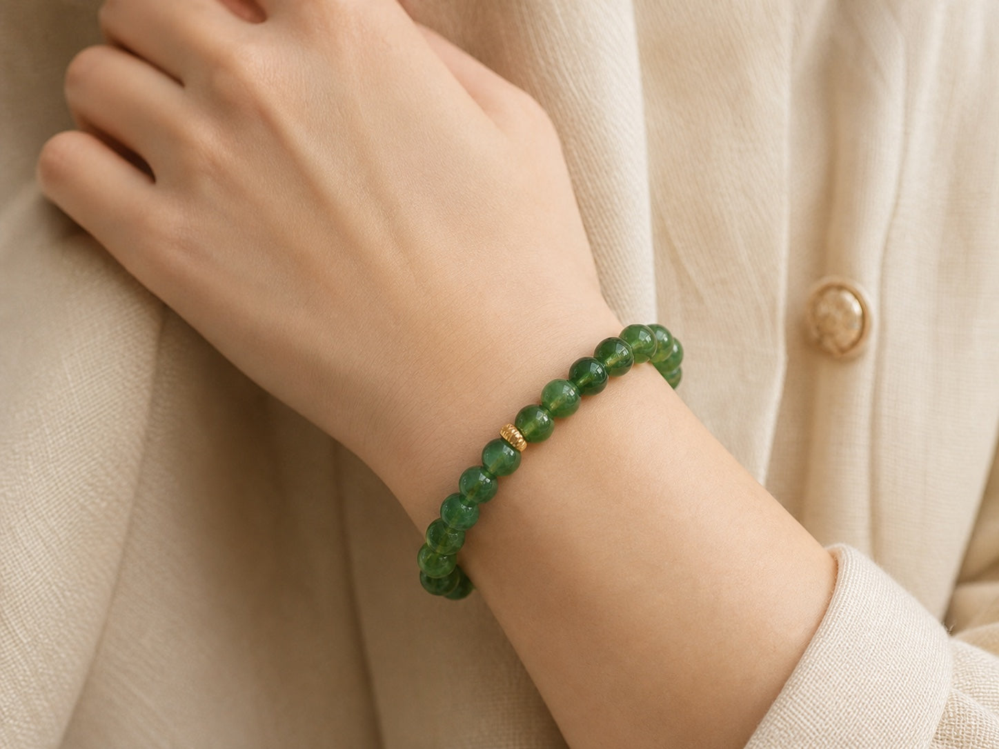Customer wearing a green gemstone bracelet